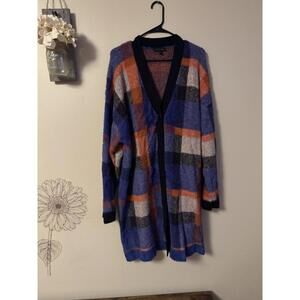 NWOT Ann Taylor Long Plaid Cardigan Coat Fuzzy Duster Size XL - HEAVY